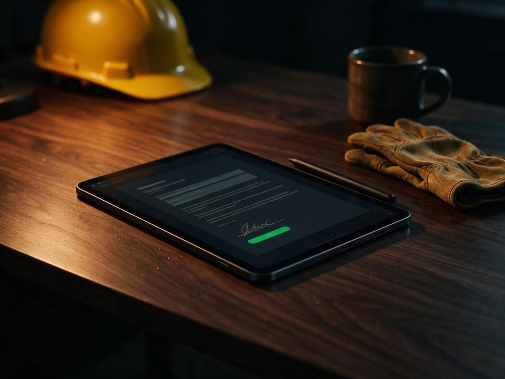 Tablet sobre uma mesa de escritório mostrando um contrato assinado, ao lado de luvas de trabalho e um capacete.